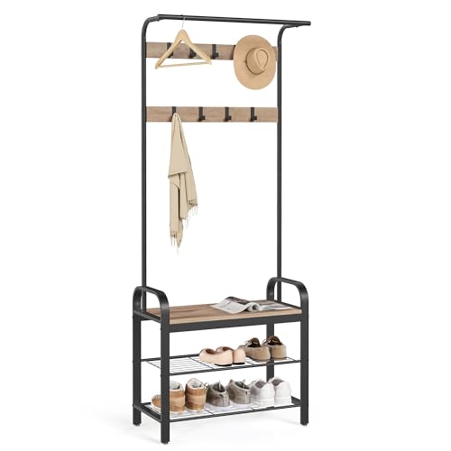 VASAGLE Garderobenständer, Garderobe, mit Schuhbank, 4-in-1 Design, 9 abnehmbare Haken, Kleiderstange, Eingangsbereich, Flur, 33,7 x 72 x 183 cm, Industrie-Design, Kamelbraun -tintenschwarz HSR040K02 von VASAGLE