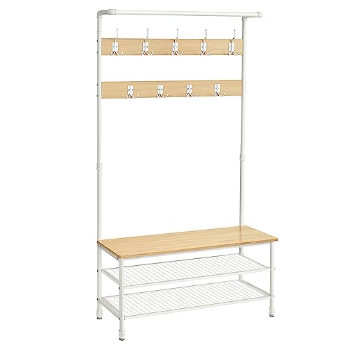 VASAGLE Garderobenständer, große Garderobe, Kleiderständer mit Sitzbank, 9 Haken, Schuhregal, Kleiderstange, 41,5 x 100 x 182 cm, für Flur Wohnzimmer Schlafzimmer, eichenfarben-weiß HSR047W09 von VASAGLE