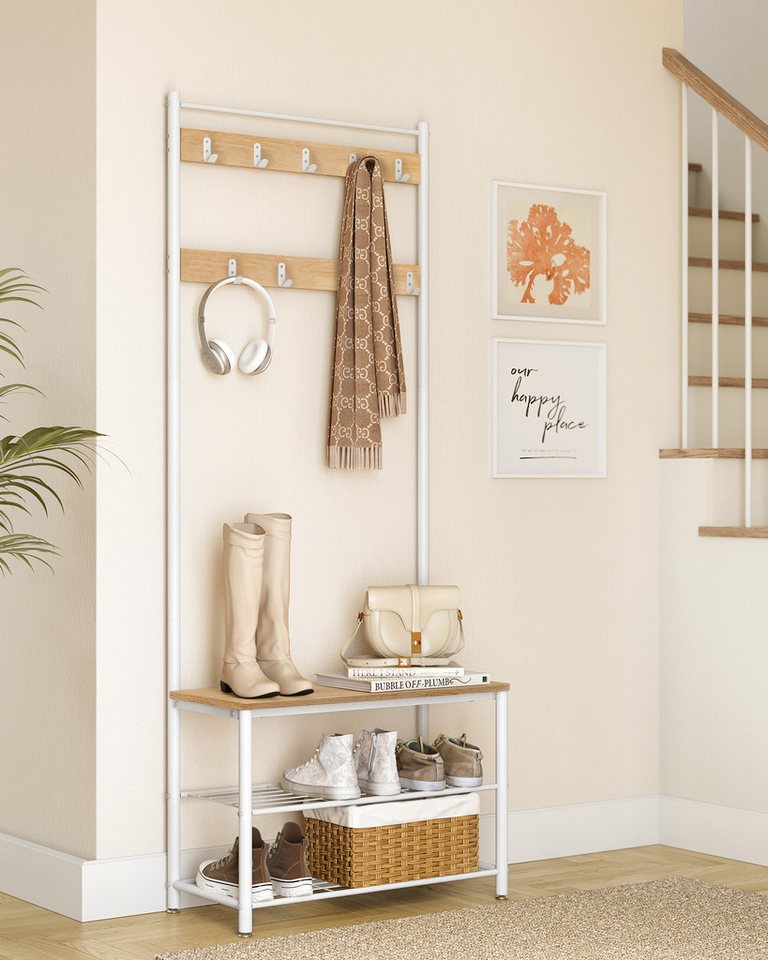 VASAGLE Garderobenständer Garderobe, Kleiderständer, mit Schuhbank, 3-in-1 Design, Stahl, 32 x 70 x 175 cm von VASAGLE