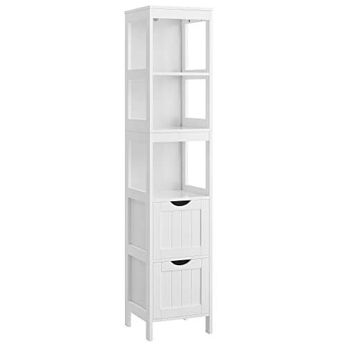 VASAGLE Hochschrank für Badezimmer, Aufbewahrungsmöbel auf Füßen, schmale Säule, mit 2 Schubladen und 3 offenen Fächern, 30 x 30 x 141,5 cm, für Badezimmer, Wohnzimmer, Küche, Weiß BBC66WT von VASAGLE