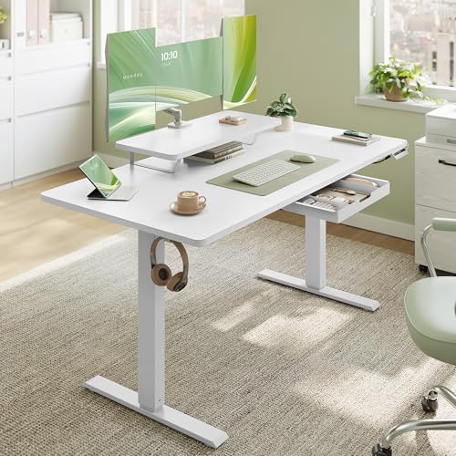 VASAGLE Höhenverstellbarer Schreibtisch, 140 x 70 cm, flexibel montierbarer Monitorständer, Schublade, USB-C-Anschluss, Erinnerung bei langem Sitzen, für Büro, wolkenweiß LSD154WB01 von VASAGLE