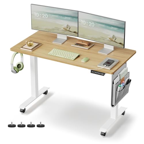 VASAGLE Höhenverstellbarer Schreibtisch elektrisch, 60 x 120 x (72-120) cm, stufenlos verstellbar, Memory-Funktion mit 4 Höhen, natureichenfarben LSD172N01, Holzspanplatte, Stahl, Oxford-Gewebe von VASAGLE