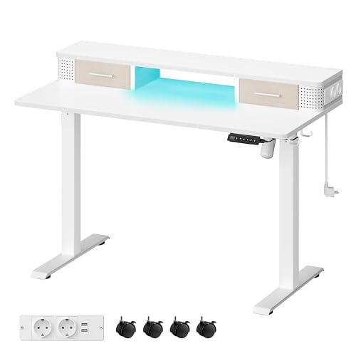 VASAGLE Höhenverstellbarer Schreibtisch elektrisch, 60 x 120 x (72-120) cm, stufenlos verstellbar, mit Monitorständer, Haken, Memory-Funktion, wolkenweiß LSD182W01 von VASAGLE