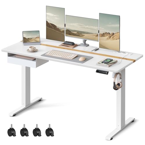 VASAGLE Höhenverstellbarer Schreibtisch elektrisch, 140 x 60 cm Tischoberfläche, Memory-Funktion mit 4 Höhen, mit Steckdosen und Stoffschublade, wolkenweiß-goldeichenfarben LSD114W01 von VASAGLE