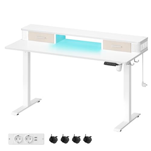 VASAGLE Höhenverstellbarer Schreibtisch elektrisch, 60 x 140 x (72-120) cm, stufenlos verstellbar, mit Monitorständer, Haken, Memory-Funktion, wolkenweiß LSD184W01 von VASAGLE