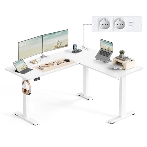 VASAGLE Höhenverstellbarer Schreibtisch elektrisch, L-förmiger Eckschreibtisch, 140 x 160 cm, mit Ladestation, Memory-Funktion mit 2 Höhen, für Homeoffice, wolkenweiß-mattweiß LSD264W01 von VASAGLE