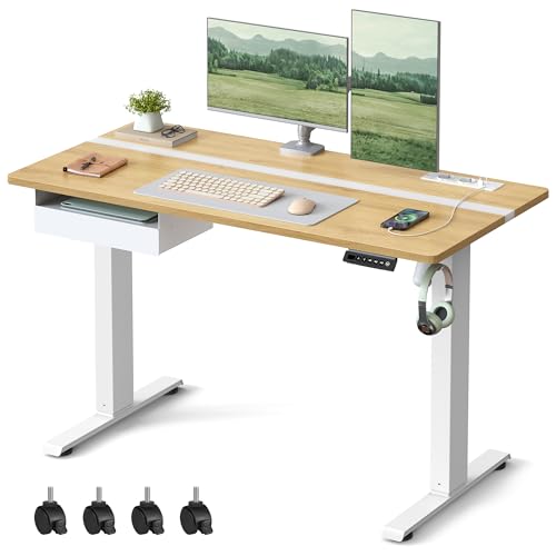 VASAGLE Höhenverstellbarer Schreibtisch elektrisch, 120 x 60 cm Tischoberfläche, Memory-Funktion mit 4 Höhen, mit Steckdosen und Stoffschublade, goldeichenfarben-wolkenweiß LSD112N01 von VASAGLE