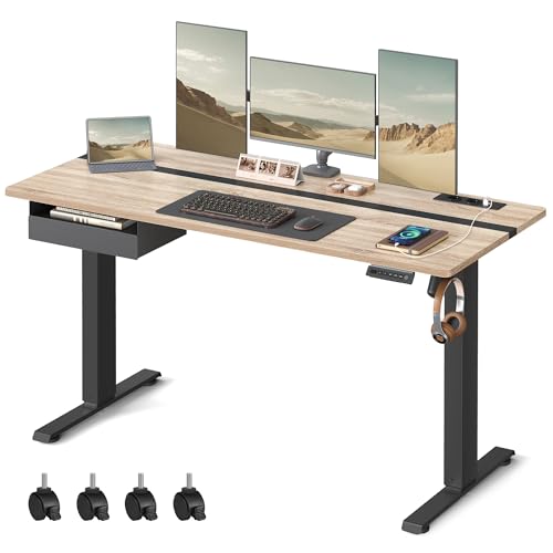 VASAGLE Höhenverstellbarer Schreibtisch elektrisch, mit Steckdose und Schublade, 60 x 140 cm Tischoberfläche, stufenlos verstellbar, Memory-Funktion mit 4 Höhen, Greige-schwarz LSD114H01 von VASAGLE