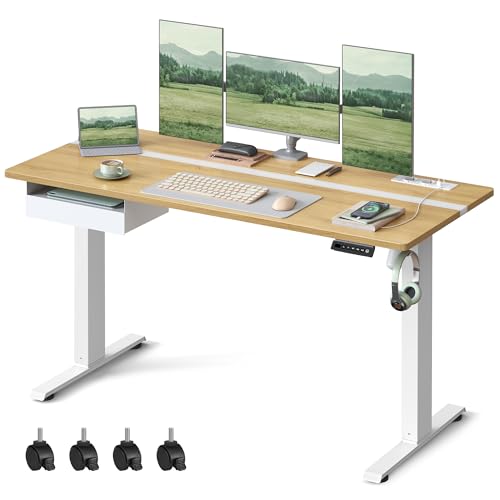 VASAGLE Höhenverstellbarer Schreibtisch elektrisch, mit Steckdose und Schublade, 60 x 140 cm Tischoberfläche, stufenlos verstellbar, Memory-Funktion mit 4 Höhen, goldeichenfarben-wolkenweiß LSD114N01 von VASAGLE