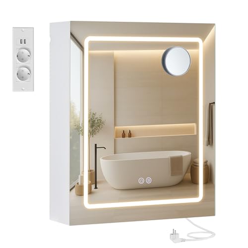 VASAGLE Kailyn Kollektion - Spiegelschrank mit Beleuchtung, Badezimmerschrank, Wandschrank, Steckdosenleiste, Entfogging-Funktion, 10x Vergrößerungsspiegel, modern, 16,5 x 50 x 60 cm, weiß BBK133W01 VASAGLE Kailyn Kollektion - Spiegelschrank mit Beleuchtung, Badezimmerschrank, Wandschrank, Steckdosenleiste, Entfogging-Funktion, 10x Vergrößerungsspiegel, modern, 16,5 x 50 x 60 cm, weiß BBK133W01 von VASAGLE