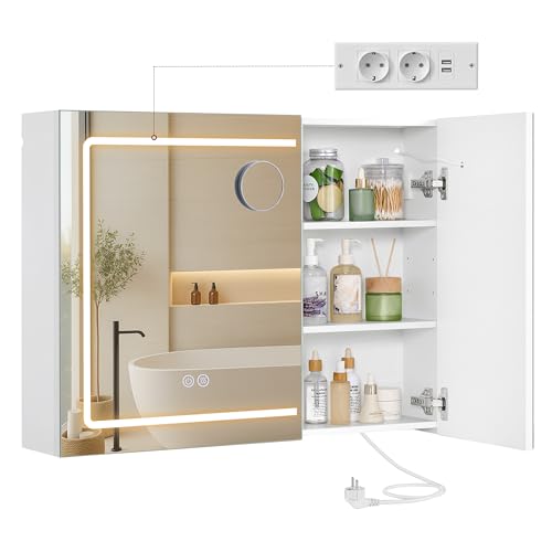 VASAGLE Kailyn Kollektion - Spiegelschrank mit Beleuchtung, Badezimmerschrank, Wandschrank, Steckdosenleiste, Entfogging-Funktion, 10x Vergrößerungsspiegel, modern, 16,5 x 80 x 60 cm, weiß BBK134W01 VASAGLE Kailyn Kollektion - Spiegelschrank mit Beleuchtung, Badezimmerschrank, Wandschrank, Steckdosenleiste, Entfogging-Funktion, 10x Vergrößerungsspiegel, modern, 16,5 x 80 x 60 cm, weiß BBK134W01 von VASAGLE