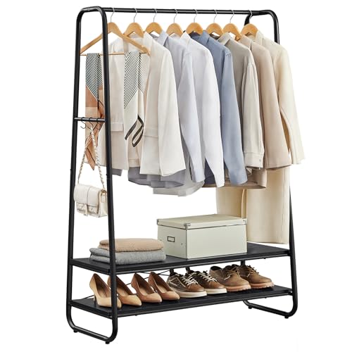 VASAGLE Kleiderständer, Garderobenständer, Garderobe, 2 Ablagen, 6 Haken in S-Form, Stahlgestell, 45 x 100 x 160 cm, für Schlafzimmer, Flur, Eingangsbereich, ebenholzschwarz-mattschwarz RGR112B03 von VASAGLE