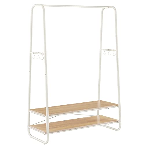 VASAGLE Kleiderständer, Garderobenständer, Garderobe, 2 Ablagen, 6 Haken in S-Form, Stahlgestell, für Schlafzimmer, Flur, Eingangsbereich, eichenfarben-cremeweiß RGR112W09 von VASAGLE