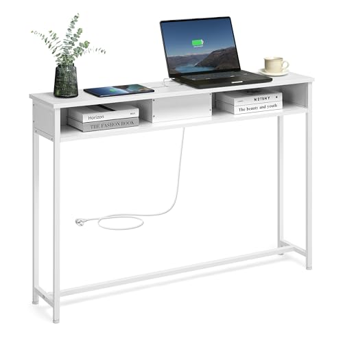 VASAGLE Konsolentisch mit Steckdosen, Beistelltisch mit 2 Fächern, schmal, 25 x 120 x 81 cm, platzsparend, für Eingangsbereich, Wohnzimmer, schneeweiß LNT111W01 von VASAGLE