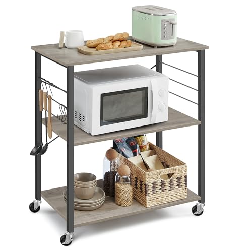 VASAGLE Küchenregal auf Rollen, Servierwagen, 3 Ebenen, Küchenwagen, für Mini-Backofen, Mikrowellen, Metallrahmen, 6 Haken, 40 x 80 x 89 cm, Greige meliert-tintenschwarz KKS067K02 von VASAGLE