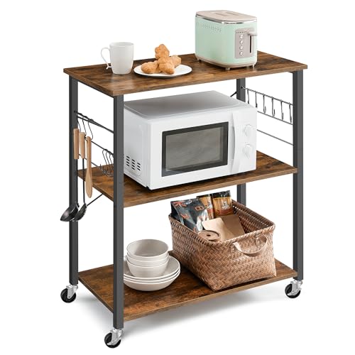 VASAGLE Küchenregal auf Rollen, Servierwagen, 3 Ebenen, Küchenwagen, für Mini-Backofen, Mikrowellen, Metallrahmen, 6 Haken, 40 x 80 x 89 cm, vintagebraun-tintenschwarz KKS067K01 von VASAGLE