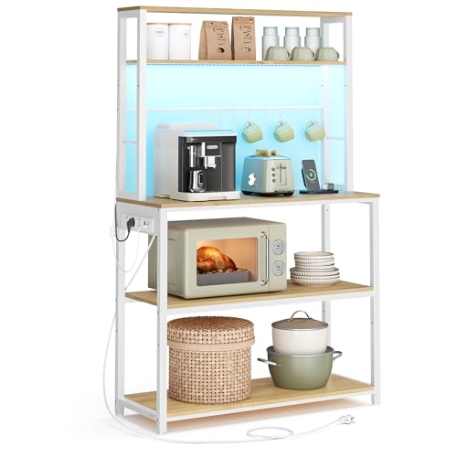 VASAGLE Küchenregal mit LED-Beleuchtung, Standregal mit Steckdosen, Mikrowellen-Regal mit verstellbaren Ablagen, 8 Haken, 40 x 80 x 168,4 cm, goldeichenfarben-mattweiß KKS050YA01 VASAGLE Küchenregal mit LED-Beleuchtung, Standregal mit Steckdosen, Mikrowellen-Regal mit verstellbaren Ablagen, 8 Haken, 40 x 80 x 168,4 cm, goldeichenfarben-mattweiß KKS050YA01 von VASAGLE