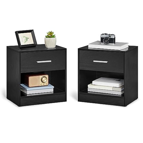 VASAGLE Nachttisch, 2er Set, Beistelltisch, mit Schublade, Griff, offenes Fach, Couchtisch, für Schlafzimmer, Wohnzimmer, klassikschwarz LET819T56 von VASAGLE