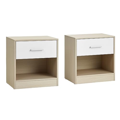 VASAGLE Nachttisch, 2er Set, Beistelltisch, mit Schublade, Griff, offenes Fach, Couchtisch, für Schlafzimmer, Wohnzimmer, naturbeige-klassikweiß LET819T67 von VASAGLE