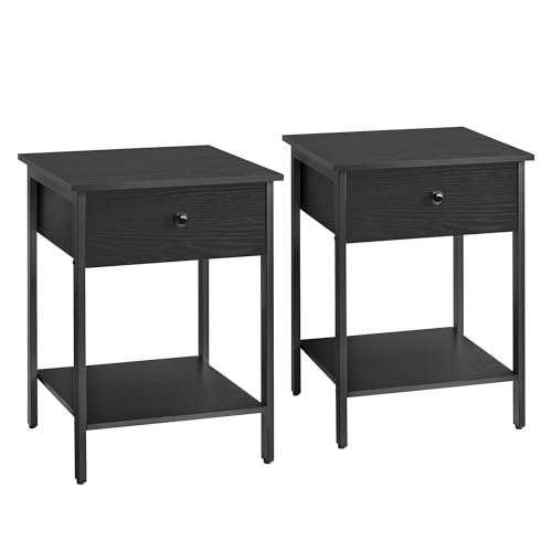 VASAGLE Nachttisch, 2er Set, Nachtkommode, Beistelltisch mit Schublade und Ablage, 40 x 40 x 55 cm, Schlafzimmer, Wohnzimmer, Stahlrahmen, einfacher Aufbau, ebenholzschwarz LET506B56 von VASAGLE