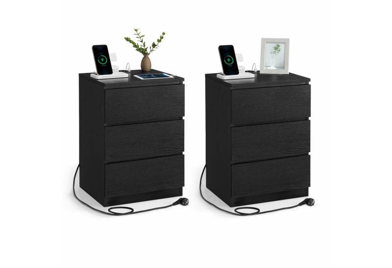 VASAGLE Nachttisch (2-St), 3 Schubladen, abgeschrägte Kante, 2 AC-Steckdosen, 2 USB-Anschlüsse von VASAGLE
