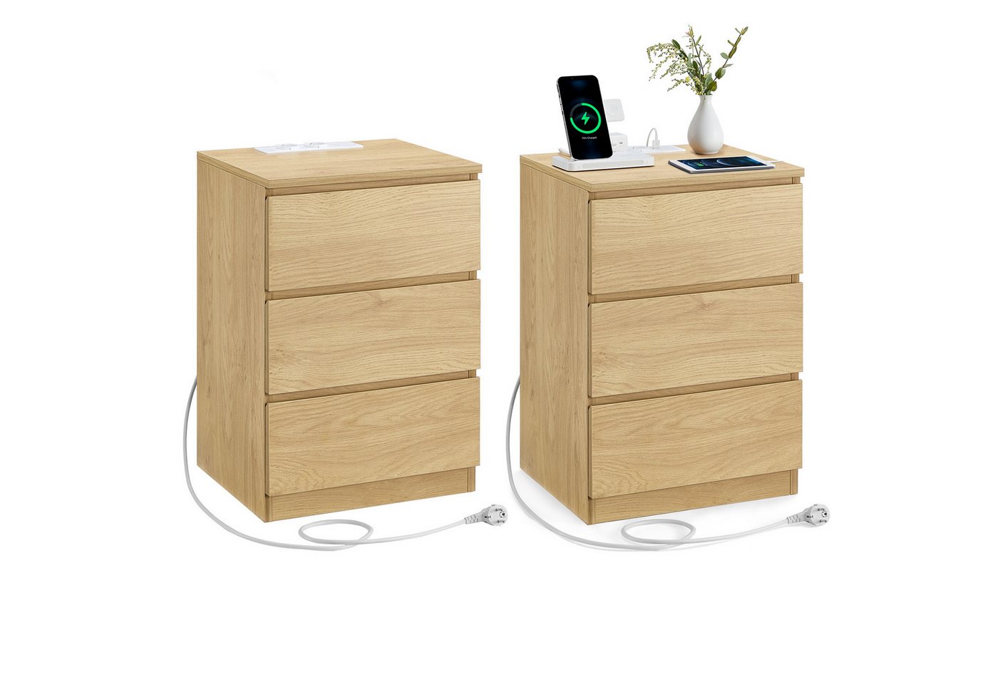 VASAGLE Nachttisch (2-St), 3 Schubladen, abgeschrägte Kante, 2 AC-Steckdosen, 2 USB-Anschlüsse von VASAGLE