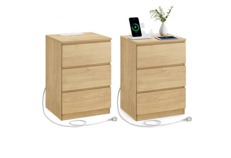 VASAGLE Nachttisch (2-St), 3 Schubladen, abgeschrägte Kante, 2 AC-Steckdosen, 2 USB-Anschlüsse von VASAGLE