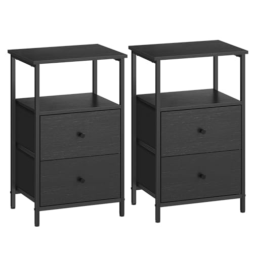 VASAGLE Nachttisch 2er Set, Beistelltisch mit 2 Stoffschubladen, Couchtisch mit Ablagen, 61 cm hoch, für Wohnzimmer, Schlafzimmer, aschschwarz-tintenschwarz-Mattschwarz LGS225B21 von VASAGLE