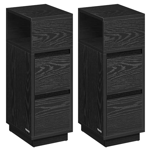 VASAGLE Nachttisch 2er Set, schmal, Beistelltisch mit 2 Schubladen, offenes Fach nach Links oder rechts flexibel montierbar, für Schlafzimmer, Wohnzimmer, ebenholzschwarz LET856B56 von VASAGLE