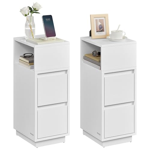 VASAGLE Nachttisch 2er Set, schmal, Beistelltisch mit 2 Schubladen, offenes Fach nach Links oder rechts flexibel montierbar, für Schlafzimmer, Wohnzimmer, wolkenweiß LET856W01 von VASAGLE