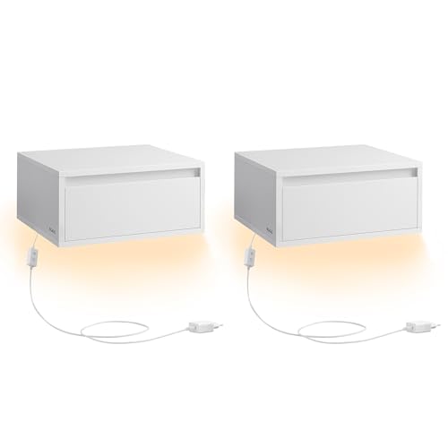 VASAGLE Nachttisch hängend 2er Set, Leuchte mit 3 Farben, schwebendes Wandregal, Schublade, 35 x 40 x 18 cm, modern, Wohnzimmer Schlafzimmer, wolkenweiß LET854W01 von VASAGLE