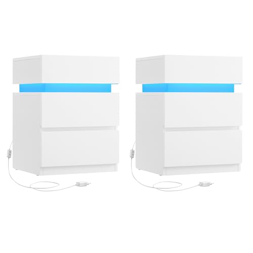 VASAGLE Nachttisch mit LED-Beleuchtung, 2er Set, Beistelltisch, einstellbare Farben, Sofatisch 3 Schubladen, Nachtschrank Schlafzimmer, modern, 35 x 40 x 55 cm, weiß LET0830W01 von VASAGLE