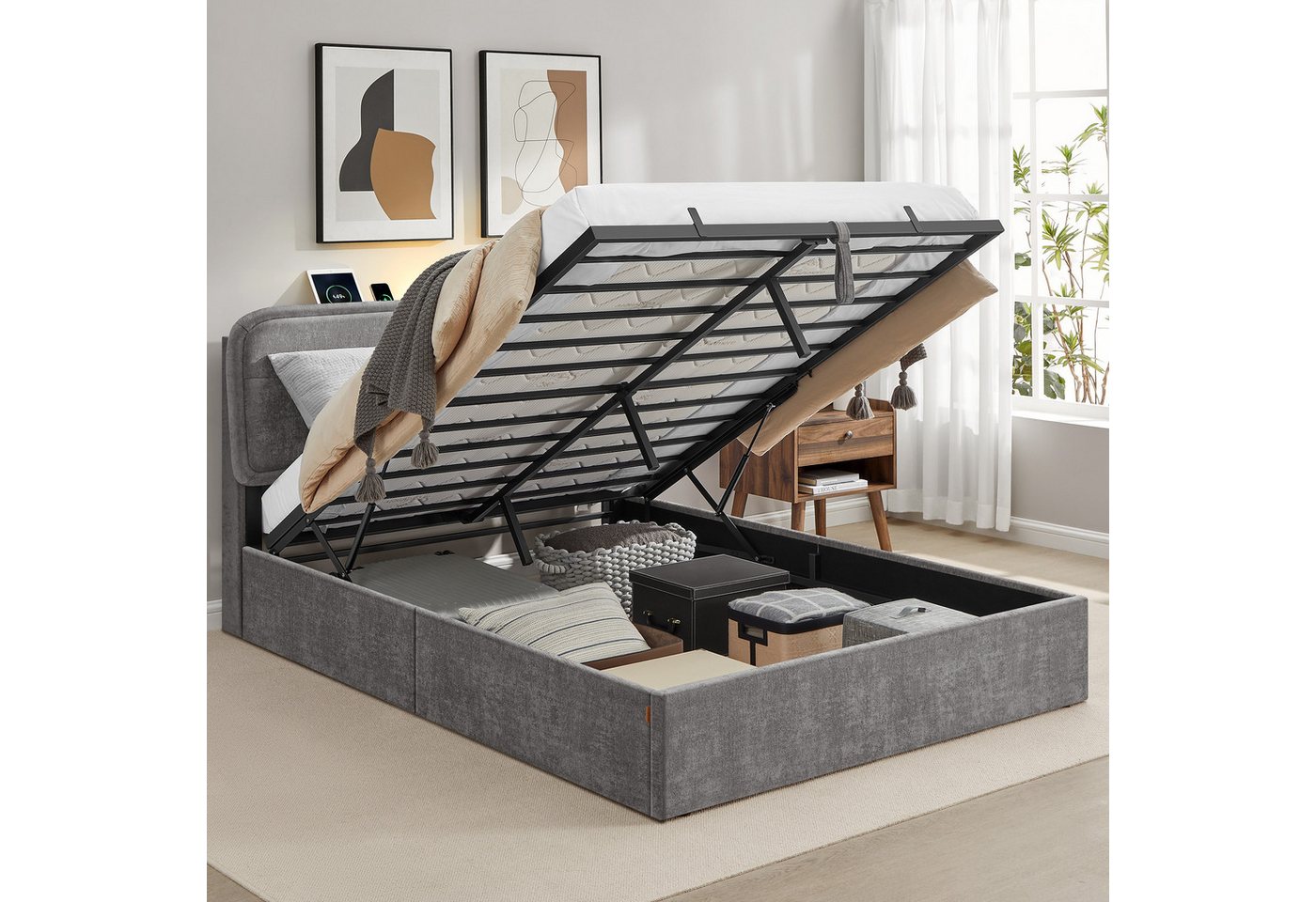 VASAGLE Polsterbett (140 x 190 cm), Hydraulisches Stauraumbett, LED, Ladestation, Doppelbett von VASAGLE