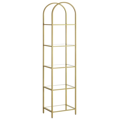 VASAGLE Regal, Bücherregal 5 Ebenen, Standregal aus Hartglas, Aufbewahrungsregal, bogenförmig, Metallstruktur, für Wohnzimmer Schlafzimmer Arbeitszimmer Bad, metallisches Gold-transparent LGT501A01 von VASAGLE