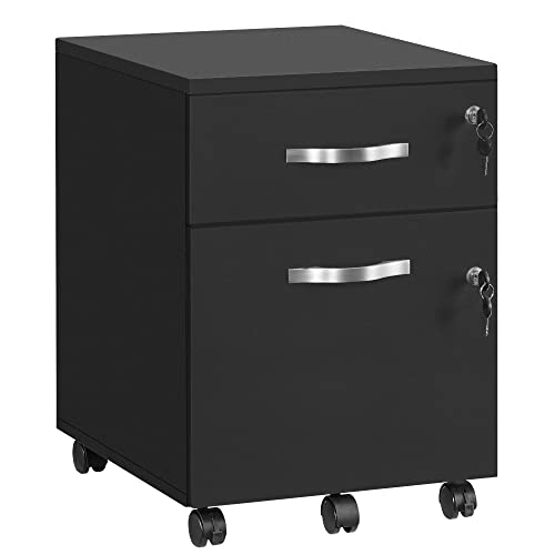VASAGLE Rollcontainer, abschließbar, Aktenschrank mit 2 Schubladen, 5 Rollen und Verstellbarer Hängeregistratur, strukturierte Oberfläche, für Dokumente im A4- und Letter-Format, schwarz LCD22BV1 von VASAGLE