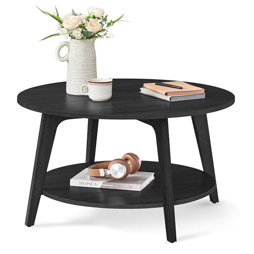 VASAGLE Round Coffee Table Couchtisch mit 2 Etagen, für Wohnzimmer, 80 x 45 cm, einfach zu montieren, Spanplatte, MDF (mitteldichte Faserplatte), Dunkles grau von VASAGLE