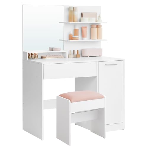VASAGLE Kailyn Kollektion - Schminktisch mit Hocker, Frisiertisch mit Spiegel, Kosmetiktisch, Schublade und offene Ablagen, Schrank mit 2 verstellbaren Ablagen, weiß RDT719W01 von VASAGLE