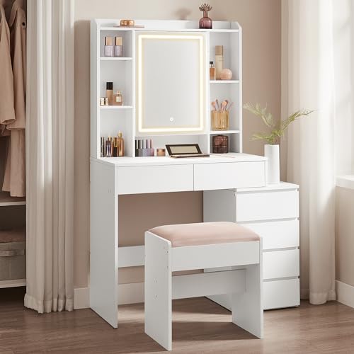 VASAGLE Schminktisch mit LED-Beleuchtung, Hocker, Frisiertisch mit Spiegel, Schubladen, offenen Fächern, verstellbaren Ablagen, einstellbare Helligkeit, modern, wolkenweiß RDT125W01 von VASAGLE