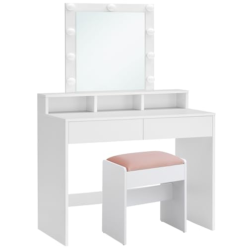 VASAGLE Schminktisch mit LED-Beleuchtung, Sitzhocker, Kosmetiktisch mit 2 Schubladen und 3 offenen Fächern, Makeup-Hocker aus Samt, für Schlafzimmer, weiß und mattweiß-pastellrosa RDT714W01 von VASAGLE