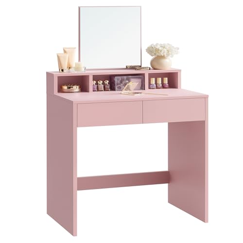 VASAGLE Schminktisch mit großem Spiegel, Frisiertisch, 2 Schubladen, 3 offene Fächer, Kosmetiktisch, modern, pastellrosa RDT103R01 von VASAGLE