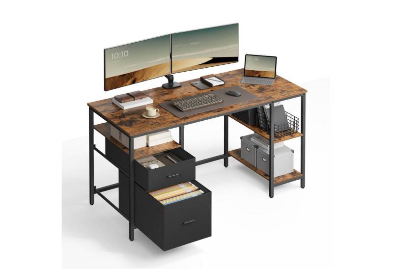 VASAGLE Schreibtisch Computertisch, Bürotisch, mit 3 Ablagen, 2 Schubladen, 140/160 cm von VASAGLE