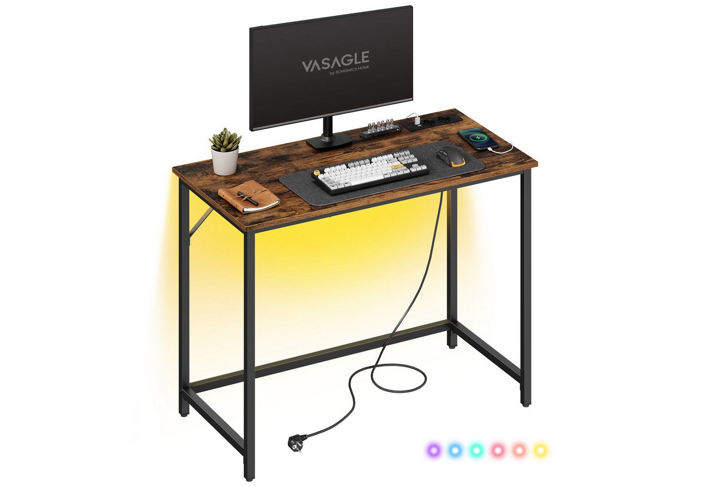 VASAGLE Schreibtisch, Gaming-Tisch mit LED-Beleuchtung, Steckdosenleiste, 50 x 100 x 76 cm von VASAGLE