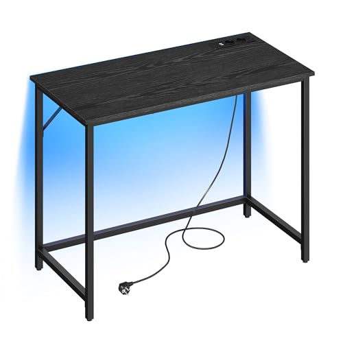 VASAGLE Schreibtisch, Gaming-Tisch mit LED-Beleuchtung, Steckdosenleiste, Computertisch, 50 x 100 x 76, platzsparend, für Arbeitszimmer, Homeoffice, ebenholzschwarz-tintenschwarz LWD141B82 von VASAGLE