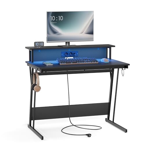 VASAGLE Schreibtisch, Gaming Tisch mit eingebauter Steckdosenleiste, Computertisch, mit Monitorständer für 2 Monitore, Schlafzimmer, 60 x 100 x 76 cm, rußschwarz LWD191B02 VASAGLE Schreibtisch, Gaming Tisch mit eingebauter Steckdosenleiste, Computertisch, mit Monitorständer für 2 Monitore, Schlafzimmer, 60 x 100 x 76 cm, rußschwarz LWD191B02 von VASAGLE