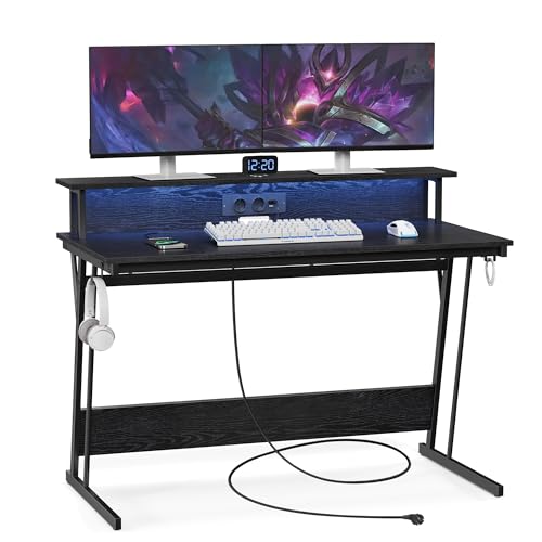 VASAGLE Schreibtisch, Gaming Tisch mit eingebauter Steckdosenleiste, Computertisch, mit Monitorständer für 2 Monitore, Schlafzimmer, 60 x 120 x 76 cm, ebenholzschwarz LWD192B56 von VASAGLE