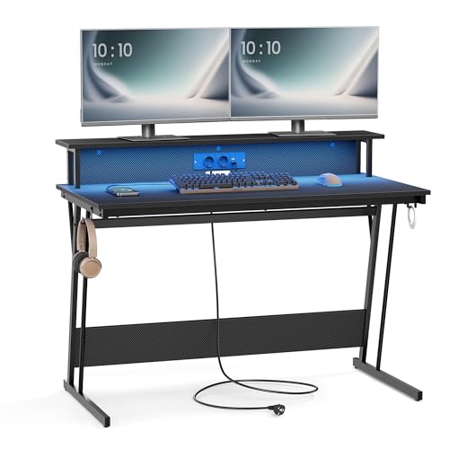 VASAGLE Schreibtisch, Gaming Tisch mit eingebauter Steckdosenleiste, Computertisch, mit Monitorständer für 2 Monitore, Schlafzimmer, 60 x 120 x 76 cm, rußschwarz LWD192B02 VASAGLE Schreibtisch, Gaming Tisch mit eingebauter Steckdosenleiste, Computertisch, mit Monitorständer für 2 Monitore, Schlafzimmer, 60 x 120 x 76 cm, rußschwarz LWD192B02 von VASAGLE