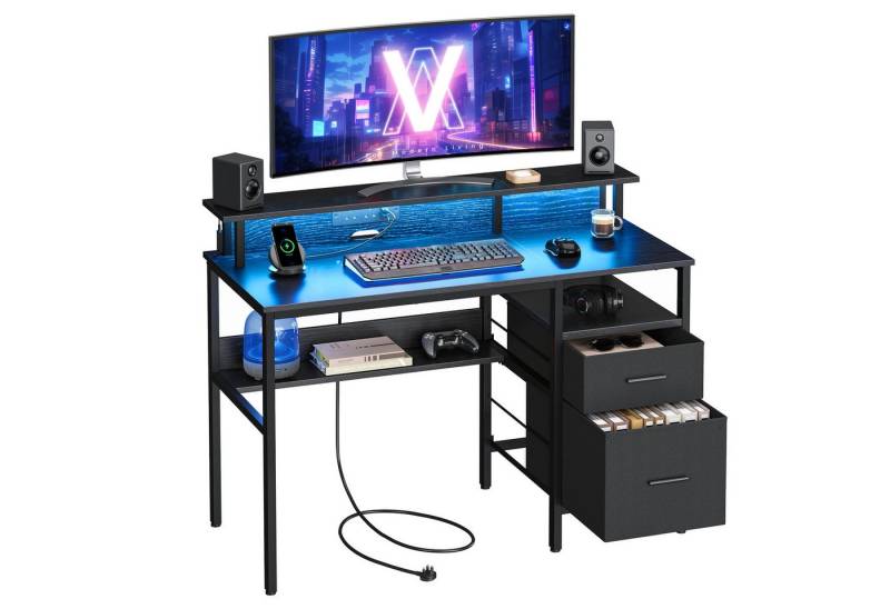VASAGLE Schreibtisch Computertisch, mit LED-Beleuchtung, eingebaute Steckdosen, 2 USB-Anschlüsse von VASAGLE