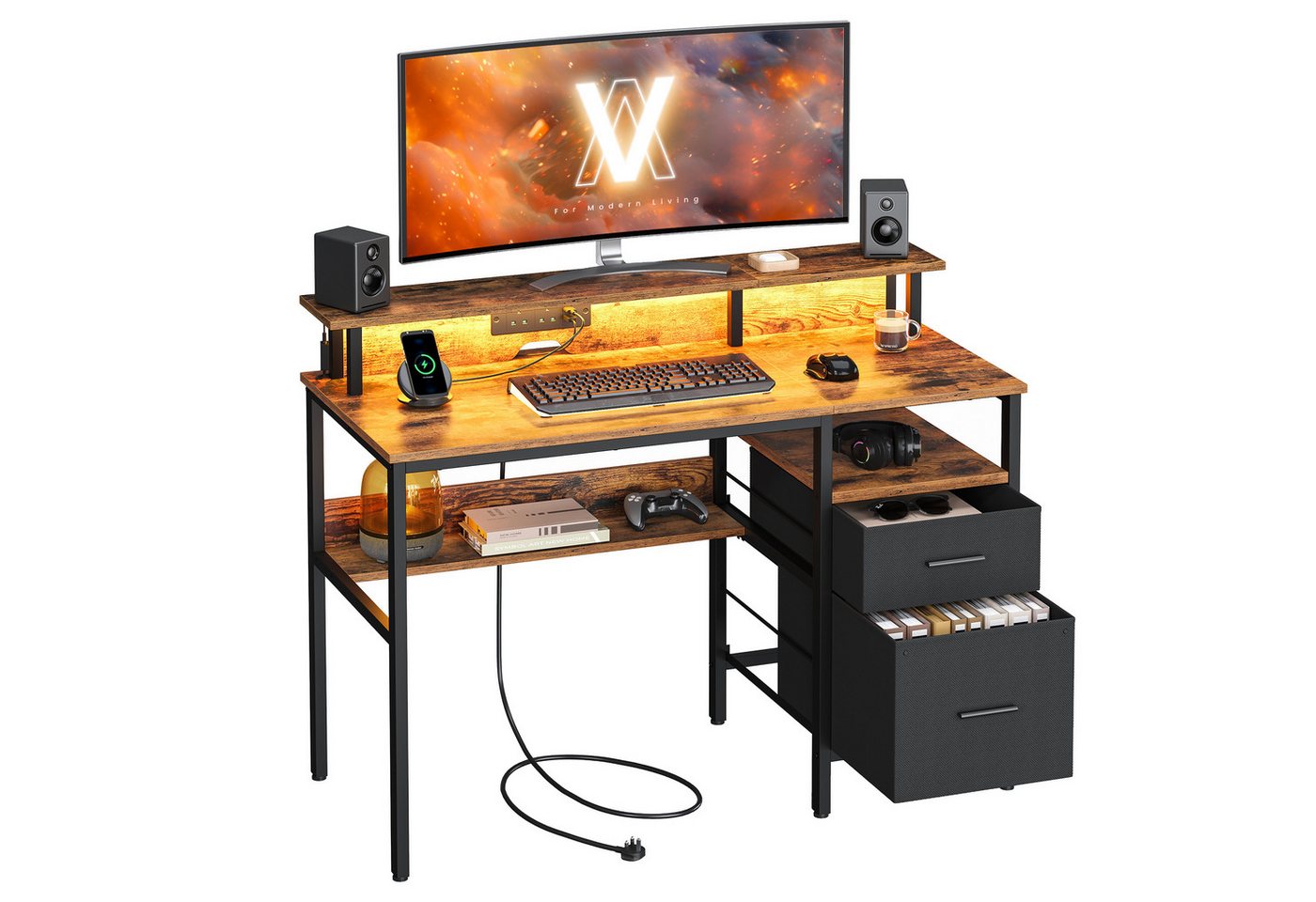 VASAGLE Schreibtisch Computertisch, mit LED-Beleuchtung, eingebaute Steckdosen, 2 USB-Anschlüsse VASAGLE Schreibtisch Computertisch, mit LED-Beleuchtung, eingebaute Steckdosen, 2 USB-Anschlüsse von VASAGLE