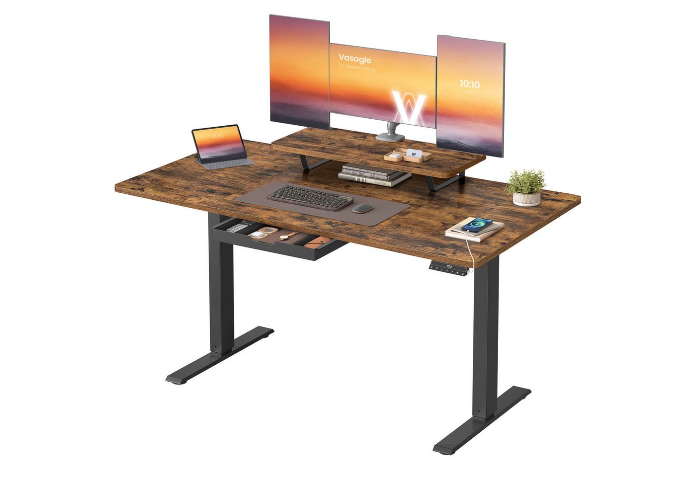 VASAGLE Schreibtisch Höhenverstellbarer, flexibel montierbarer Monitorständer, Schublade, USB-C-Anschluss, Erinnerung bei langem Sitzen von VASAGLE