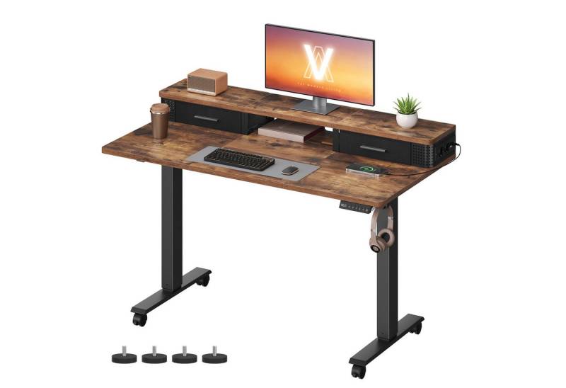 VASAGLE Schreibtisch Höhenverstellbarer elektrisch, stufenlos verstellbar, 120/140 cm, mit Monitorständer, Steckdosenleiste, Memory-Funktion von VASAGLE